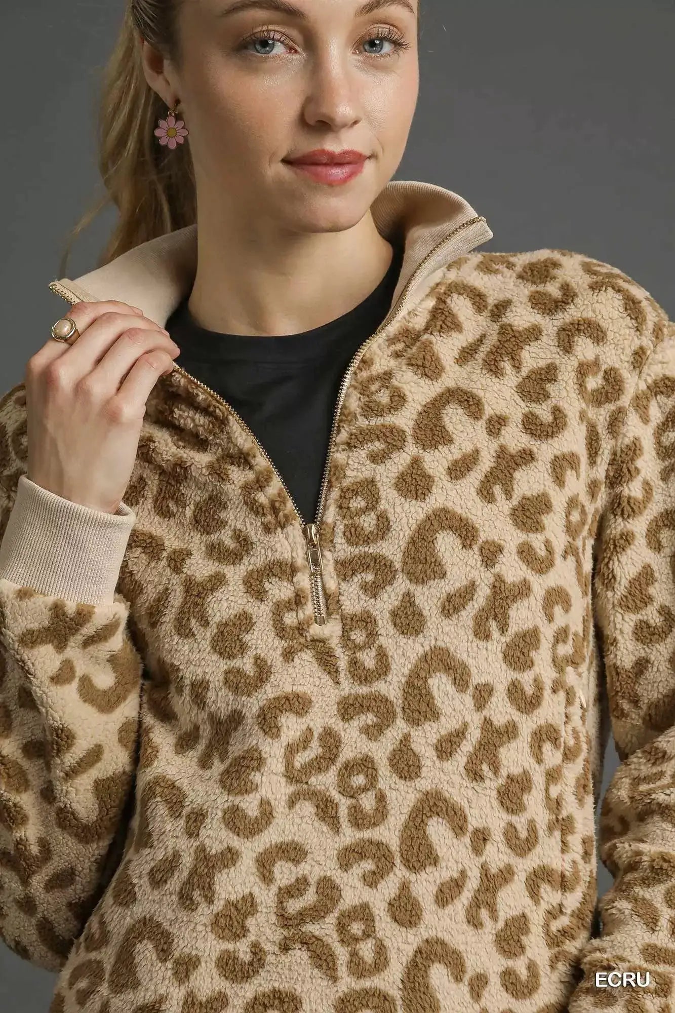 Umgee Leopard Print Quarter-Zip Sweatshirt by Trendsi