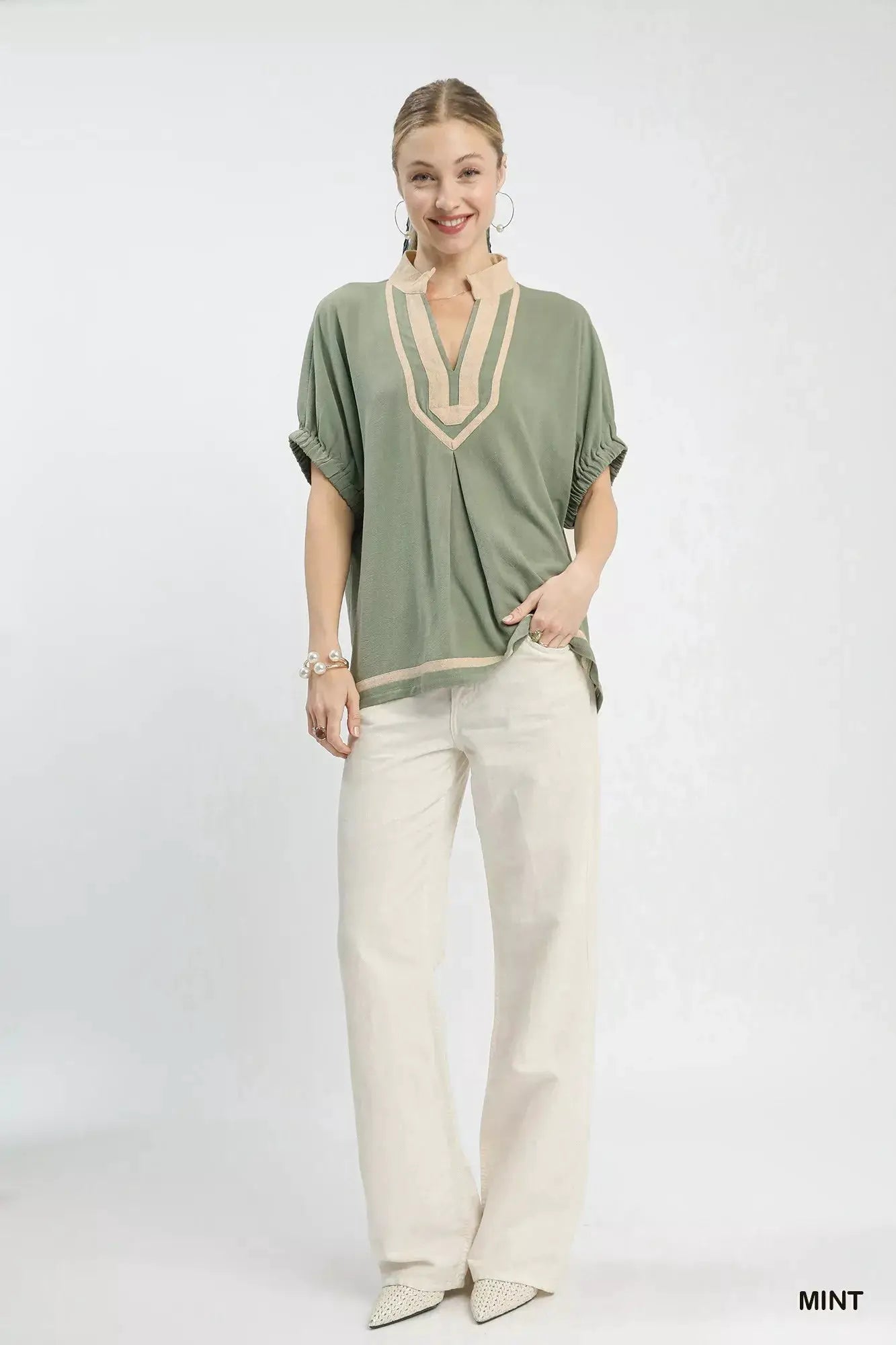 Umgee Linen Contrast Trim V-Neck Blouse by Trendsi