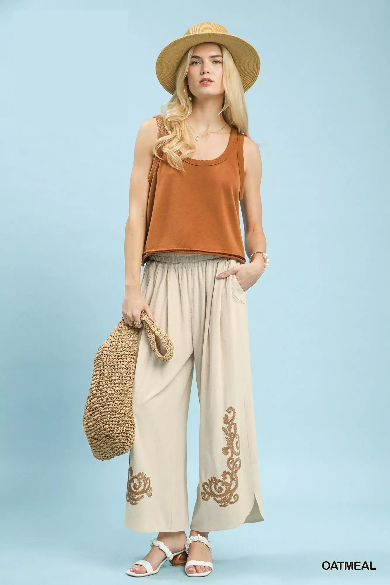Umgee Linen Embroidered Wide - Leg Boho Pants - Bitsy Gypsy Boutique