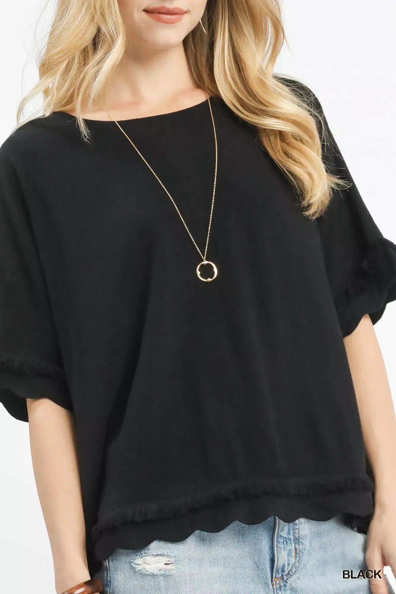Umgee Linen Frayed Hem Scallop Edge Top by Trendsi