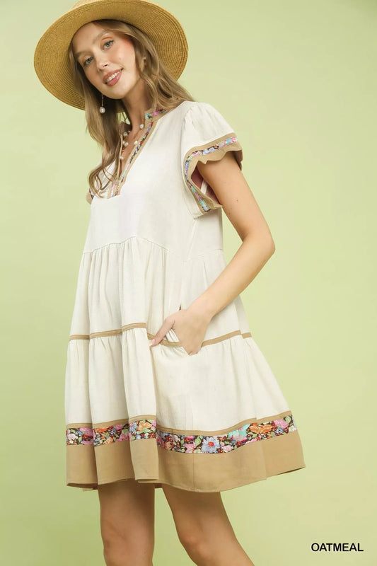 Umgee Linen Tiered Flutter Sleeve Dress with Floral Trim - Bitsy Gypsy Boutique