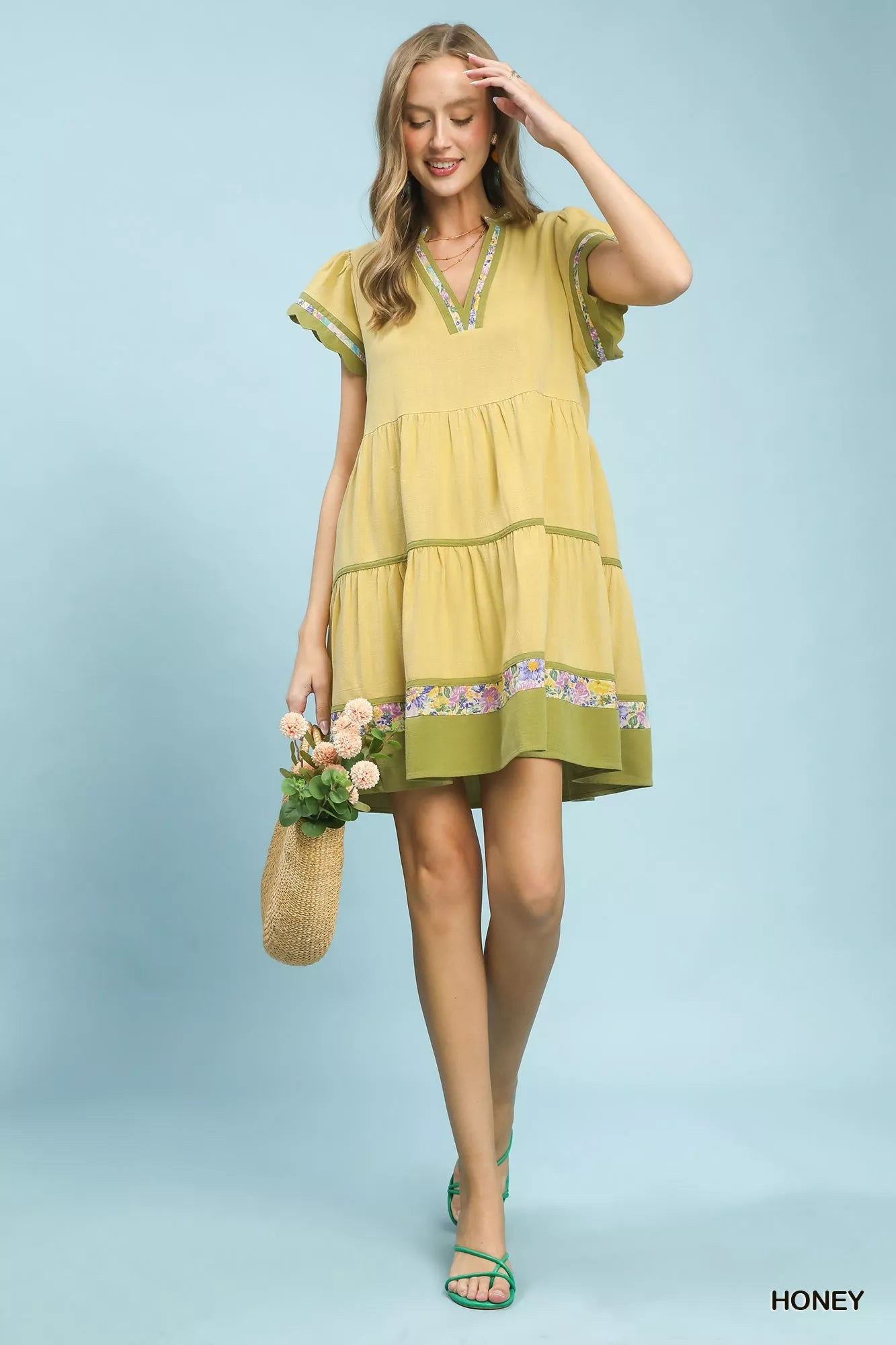 Umgee Linen Tiered Flutter Sleeve Dress with Floral Trim - Bitsy Gypsy Boutique