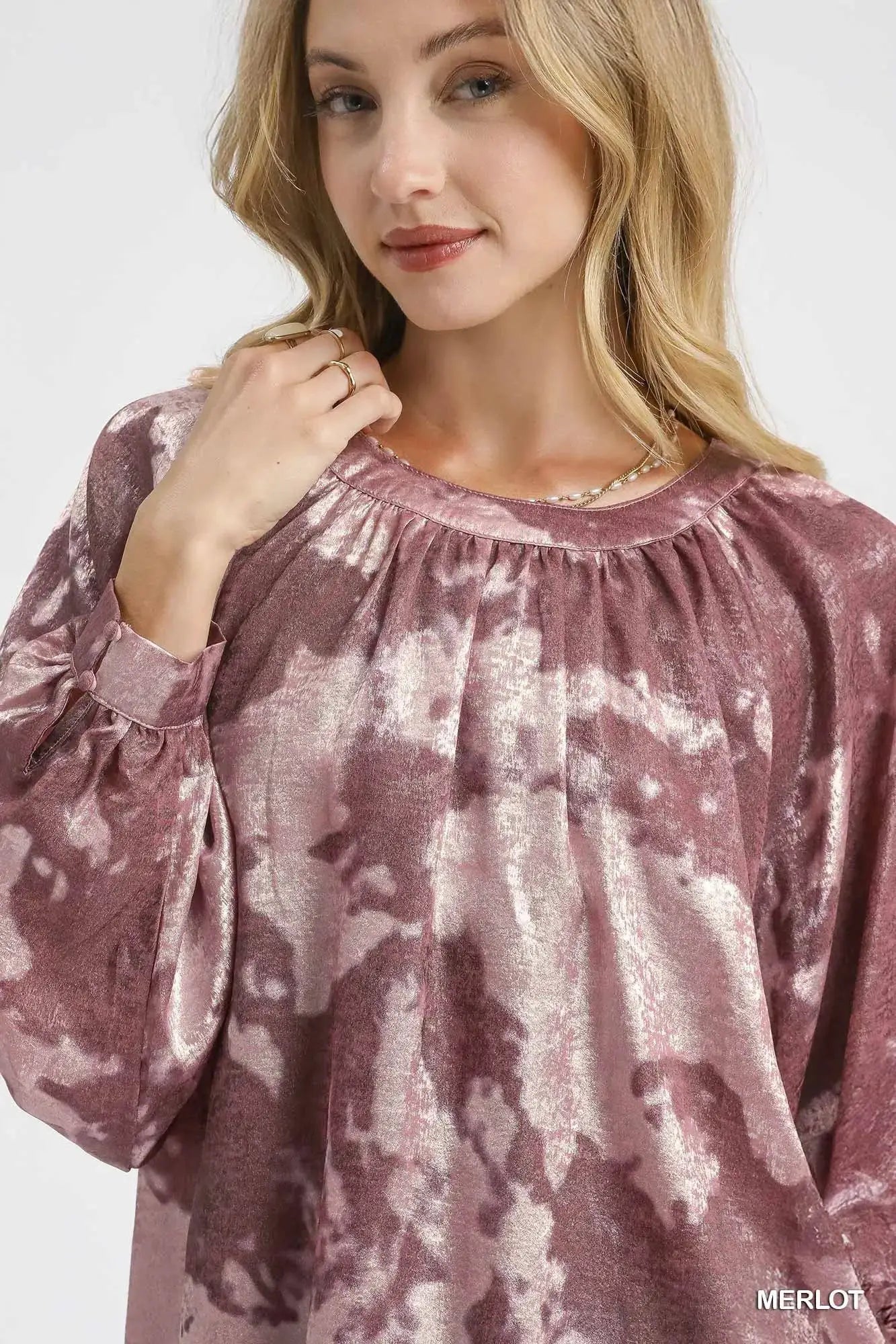 Umgee Metallic Fabric Blouse with Balloon Sleeves by Trendsi