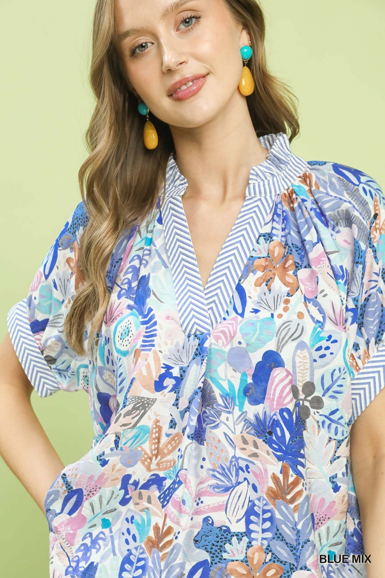 Umgee Mix Boho Printed V - Neck Top - Bitsy Gypsy Boutique