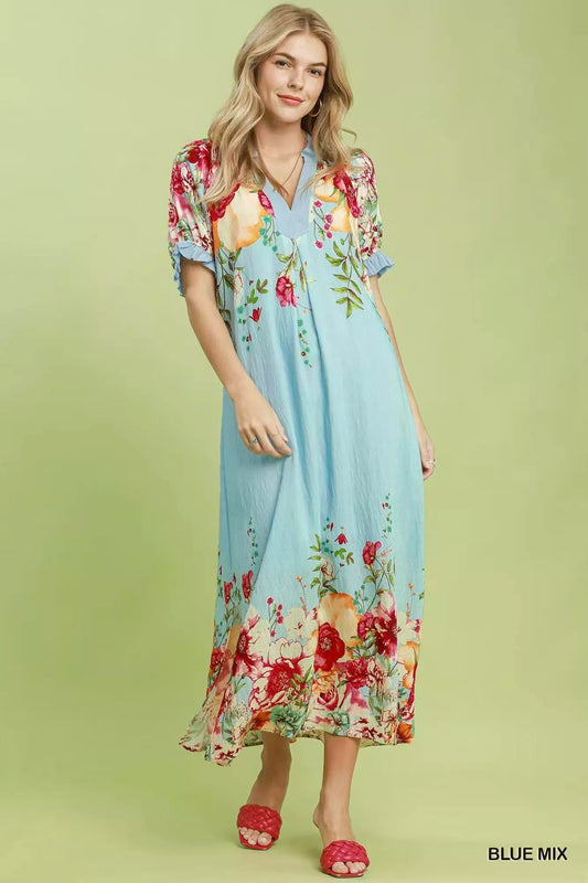 Umgee Mix Floral Border Print Midi Dress - Bitsy Gypsy Boutique