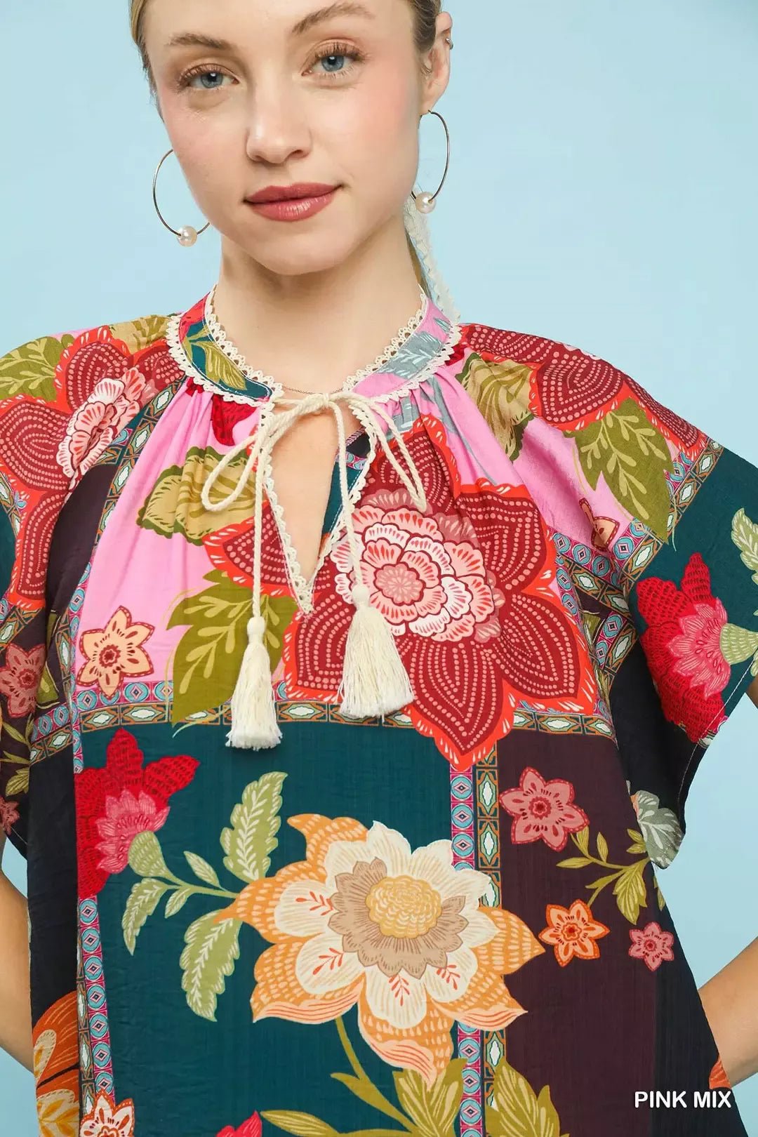 Umgee Mix Floral Patchwork Tassel Tie Top - Bitsy Gypsy Boutique