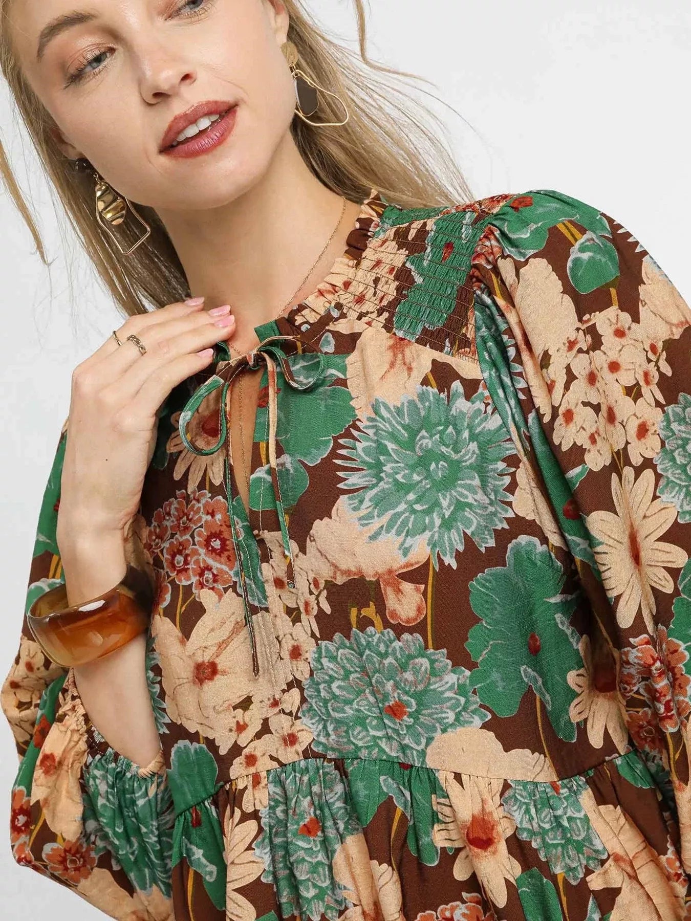 Umgee Mix Floral Peplum Blouse with Tie Neck - Bitsy Gypsy Boutique