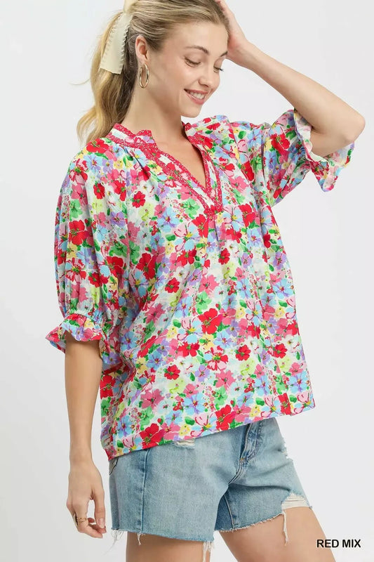 Umgee Mix Floral Print Ruffle Top - Bitsy Gypsy Boutique