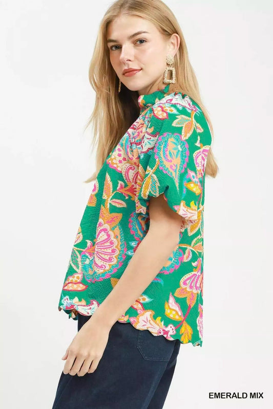 Umgee Mix Floral Print Scallop Hem Blouse - Bitsy Gypsy Boutique