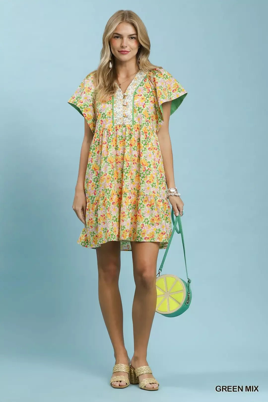 Umgee Mix Floral Tiered Mini Dress with Side Pockets - Bitsy Gypsy Boutique