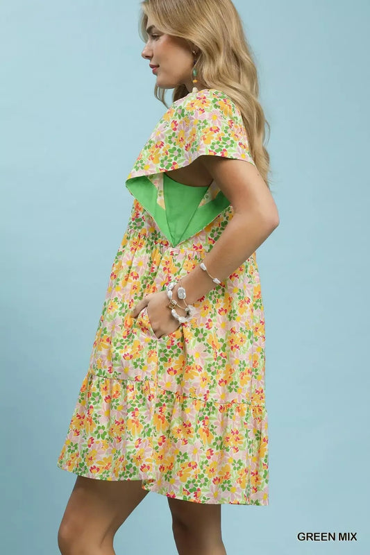 Umgee Mix Floral Tiered Mini Dress with Side Pockets - Bitsy Gypsy Boutique