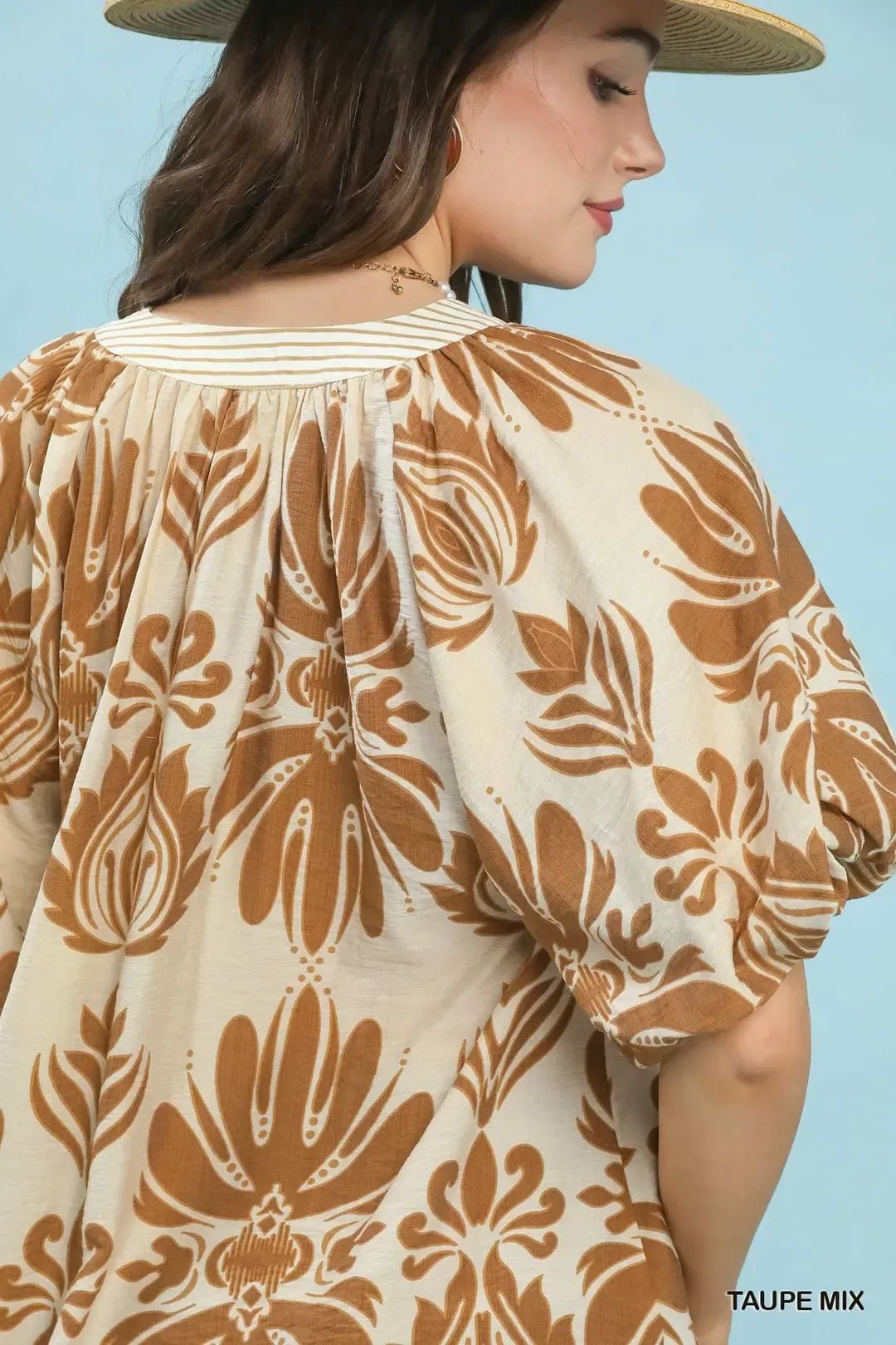Umgee Mix Printed Puff Sleeve Top with Contrast Trim - Bitsy Gypsy Boutique