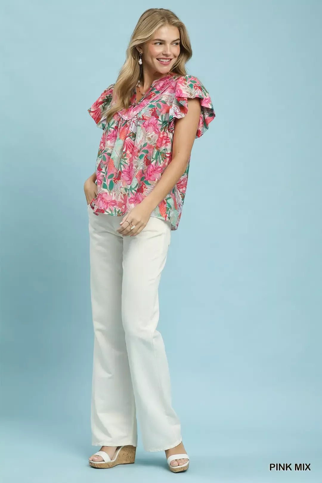 Umgee Mix Tropical Print Blouse with Ruffle Cap Sleeves - Bitsy Gypsy Boutique