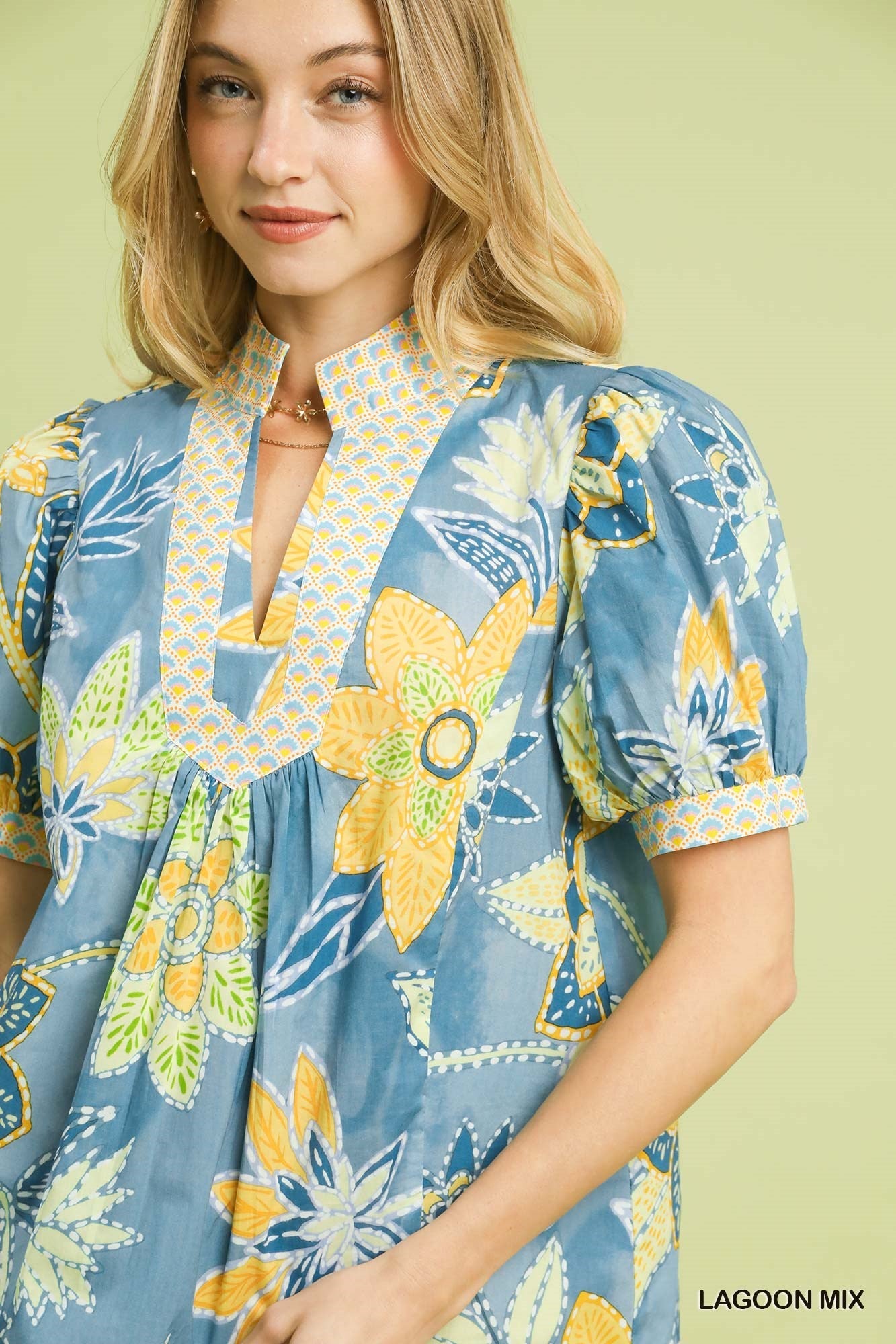 Umgee Mixed Abstract Print Puff Sleeve Blouse - Bitsy Gypsy Boutique