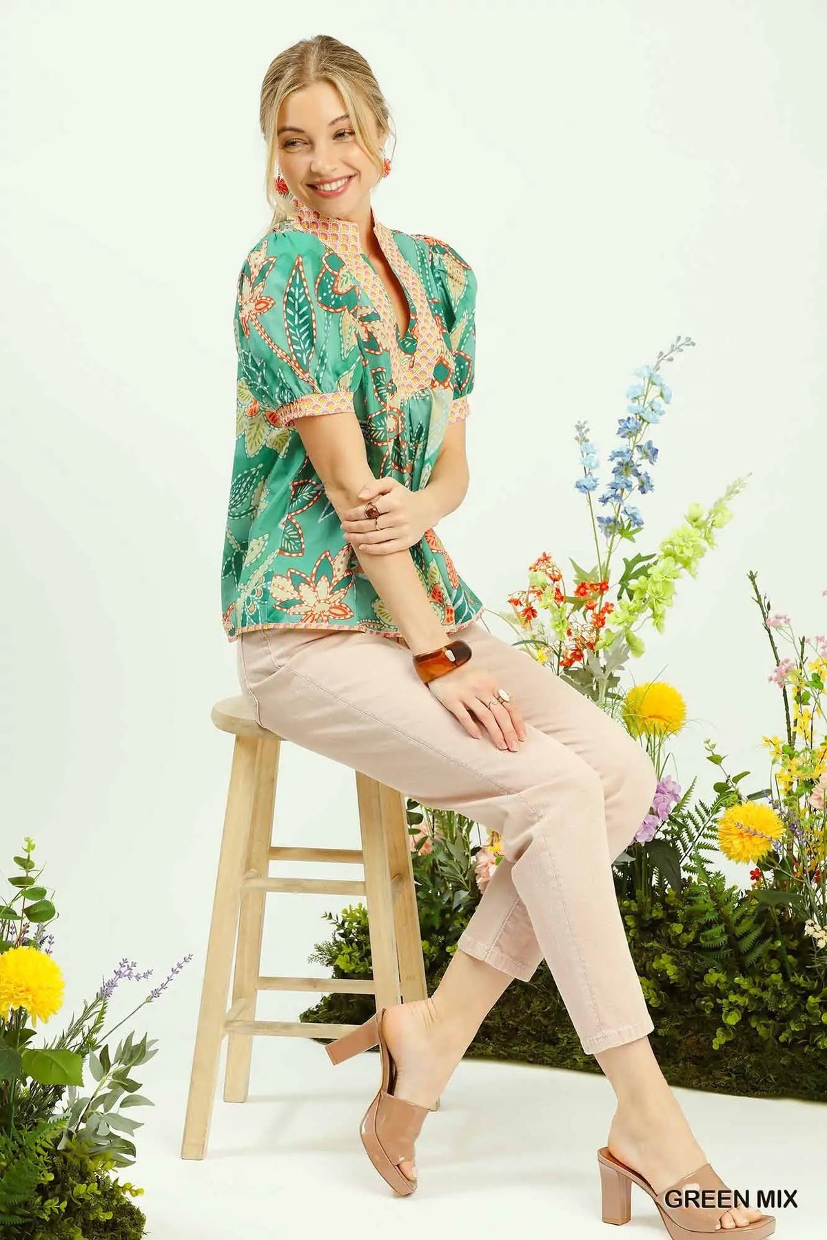 Umgee Mixed Abstract Print Puff Sleeve Blouse by Trendsi