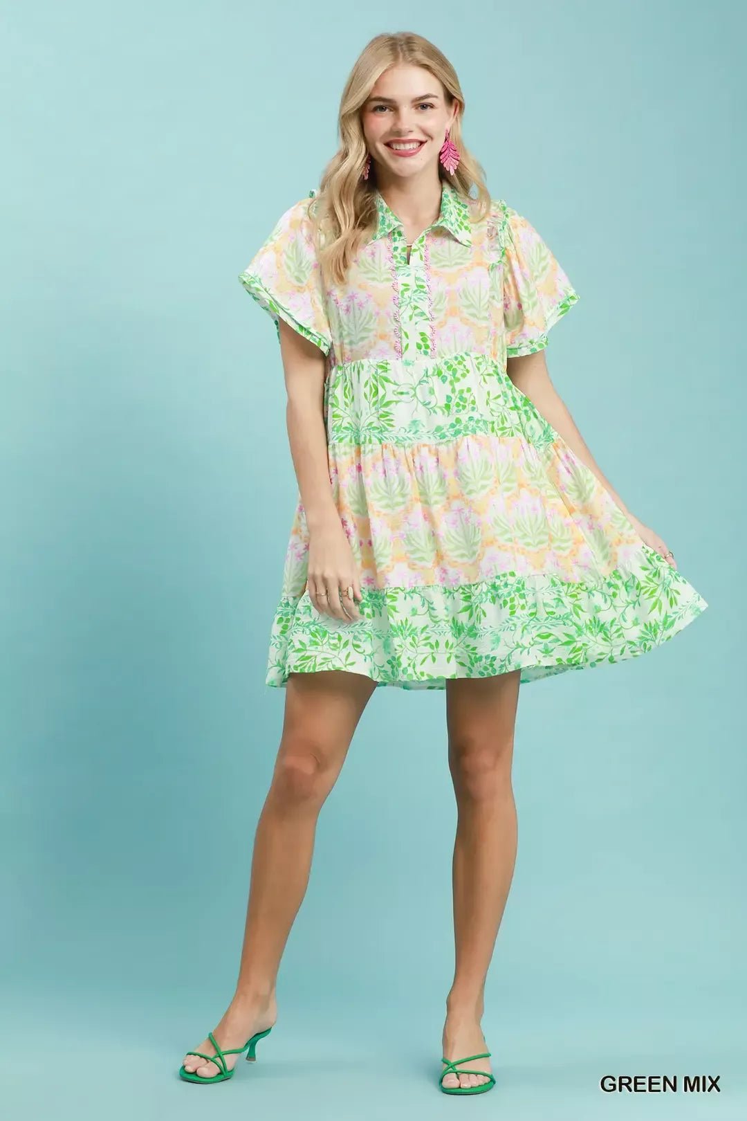 Umgee Mixed Floral Tiered Mini Dress with Flutter Sleeves - Bitsy Gypsy Boutique