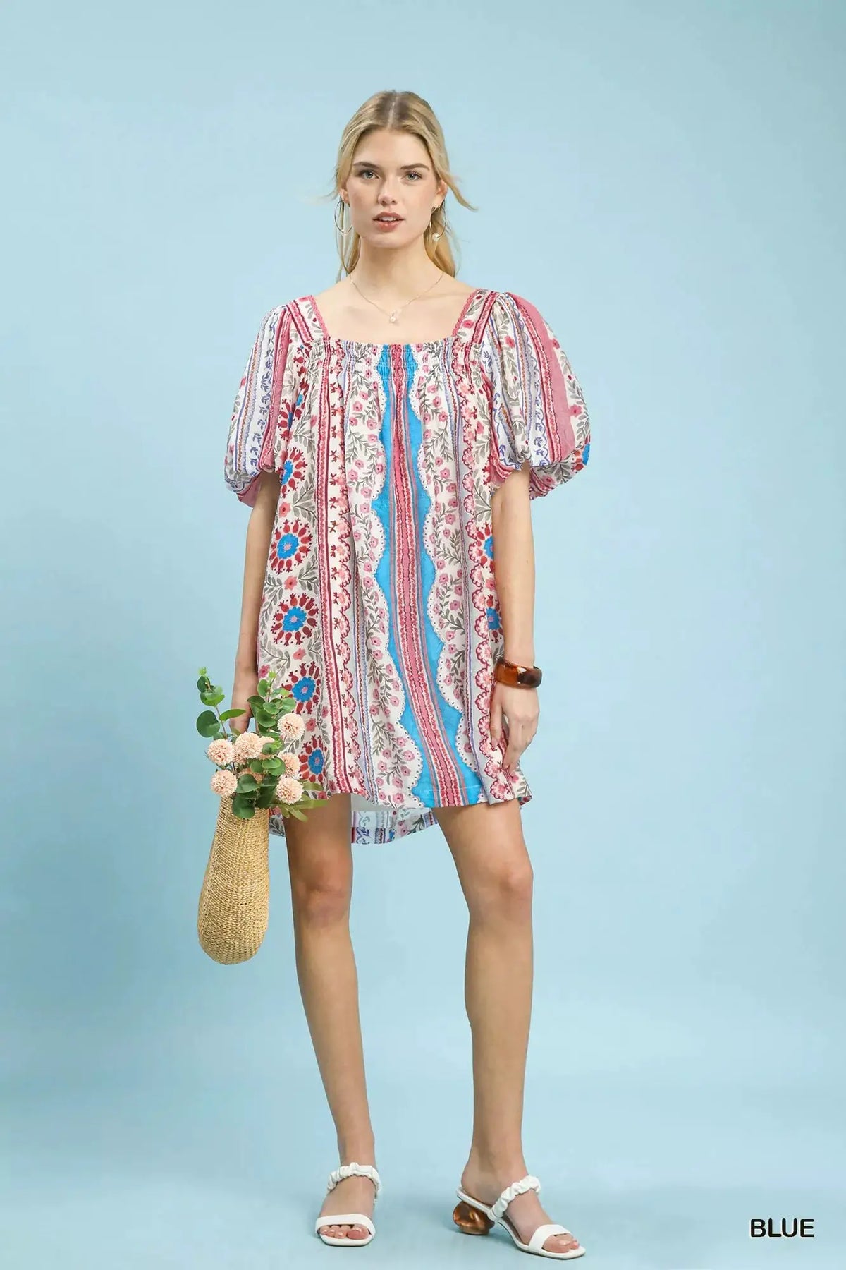 Umgee Mixed Print Puff Sleeve Mini Dress by Trendsi