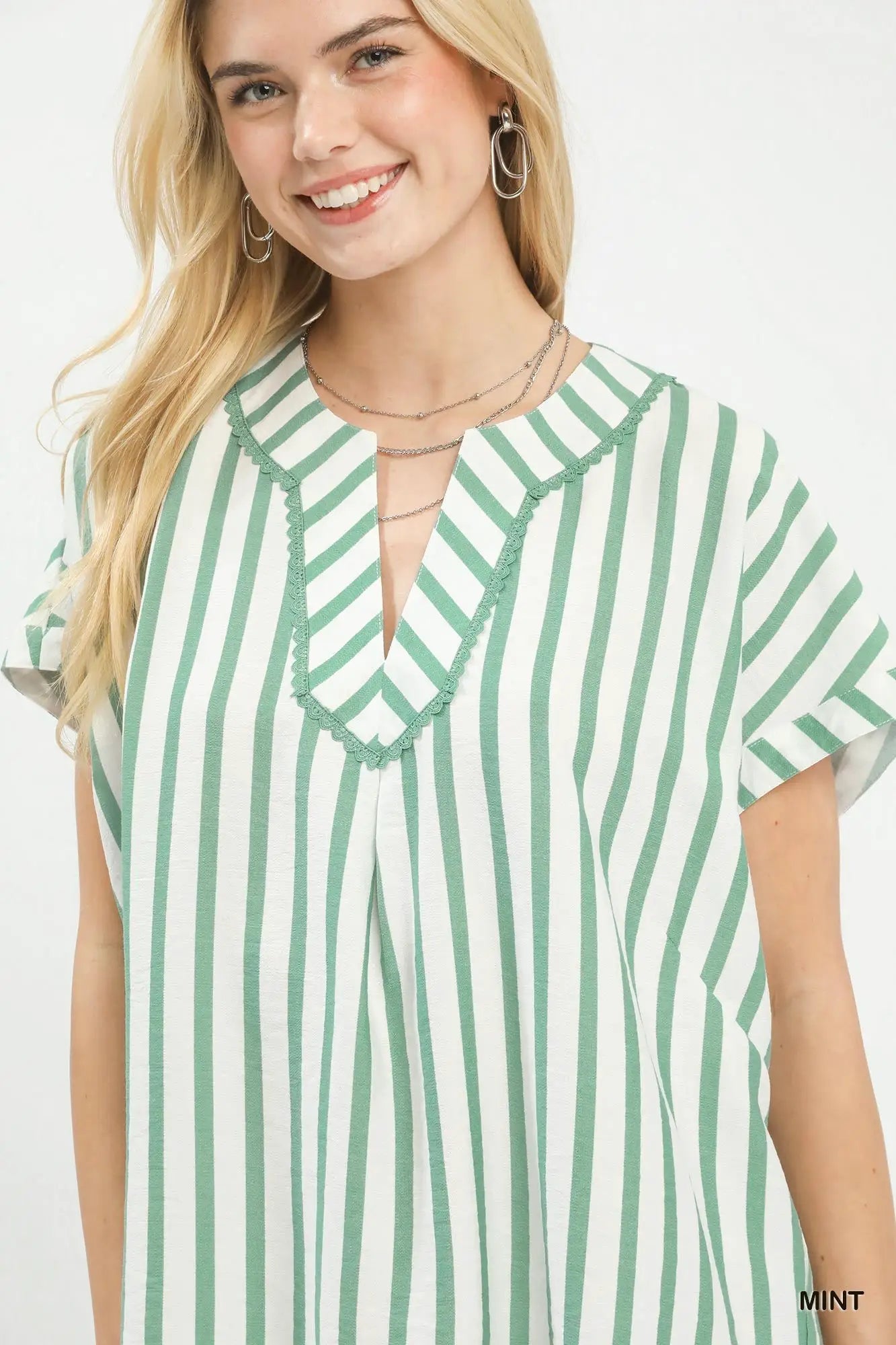 Umgee Mixed Stripe Split Neck Oversized Blouse by Trendsi
