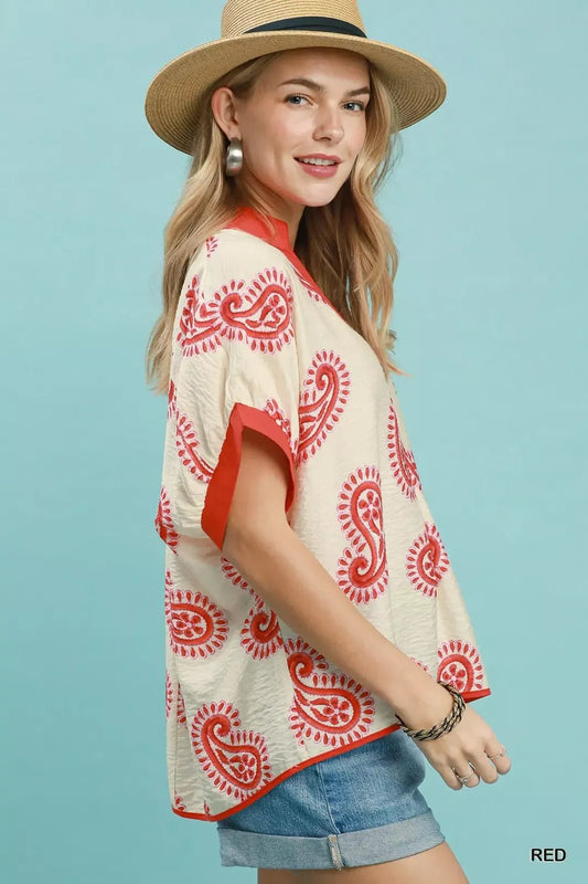 Umgee Paisley Print Contrast Trim Top - Bitsy Gypsy Boutique
