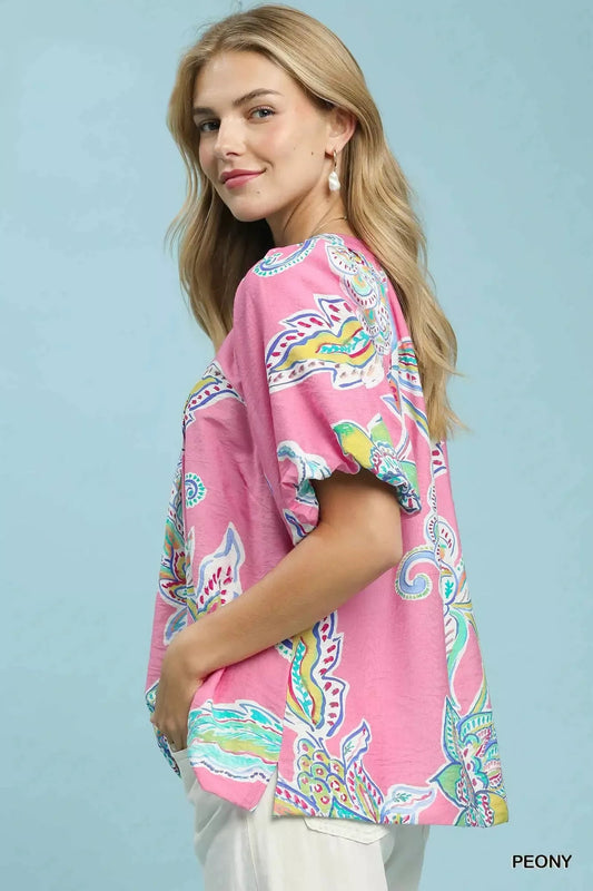 Umgee Paisley Print Puff Sleeve Top - Bitsy Gypsy Boutique