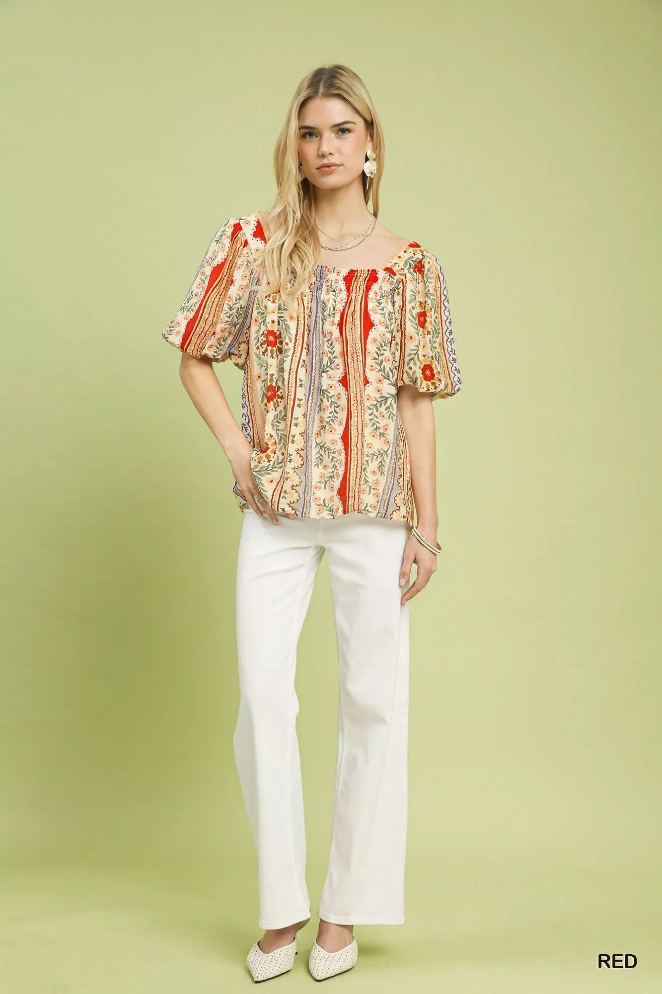 Umgee Patchwork Puff Sleeve Smocked Blouse - Bitsy Gypsy Boutique