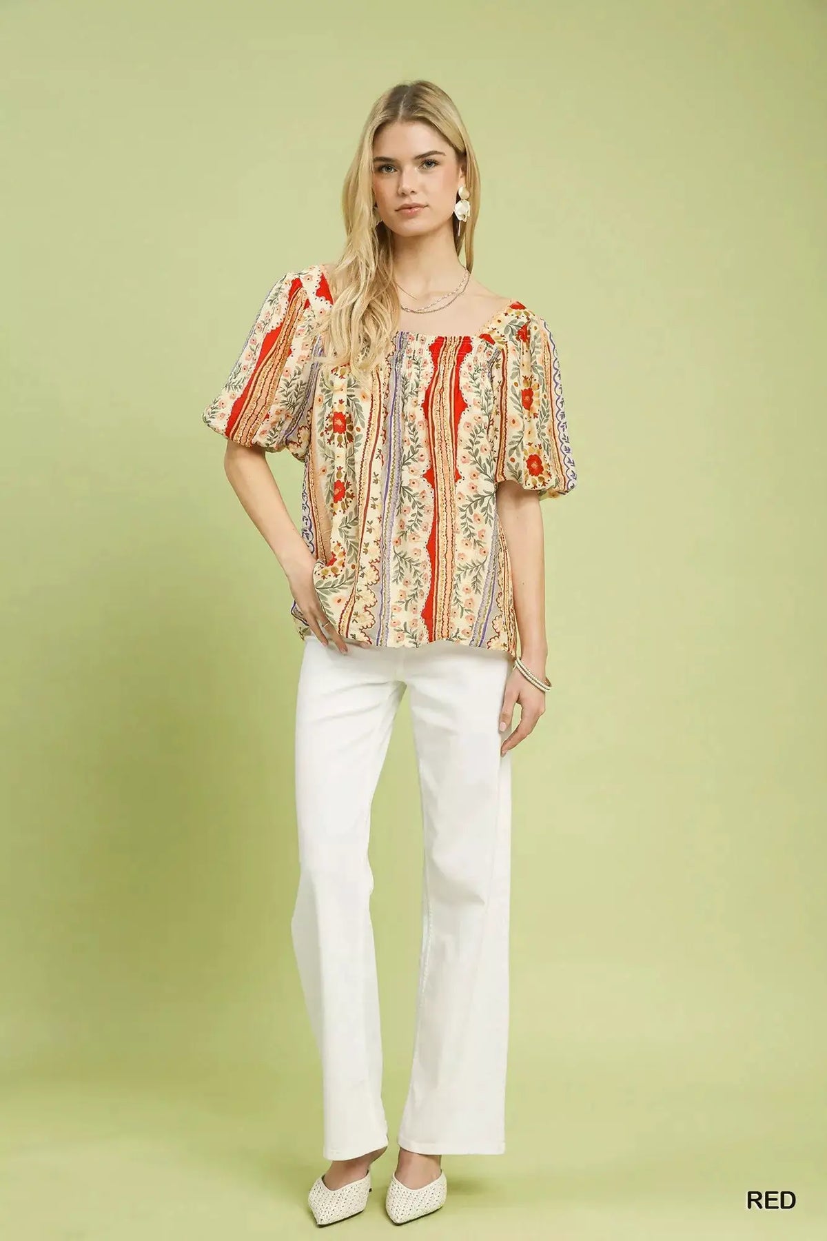 Umgee Patchwork Puff Sleeve Smocked Blouse by Trendsi