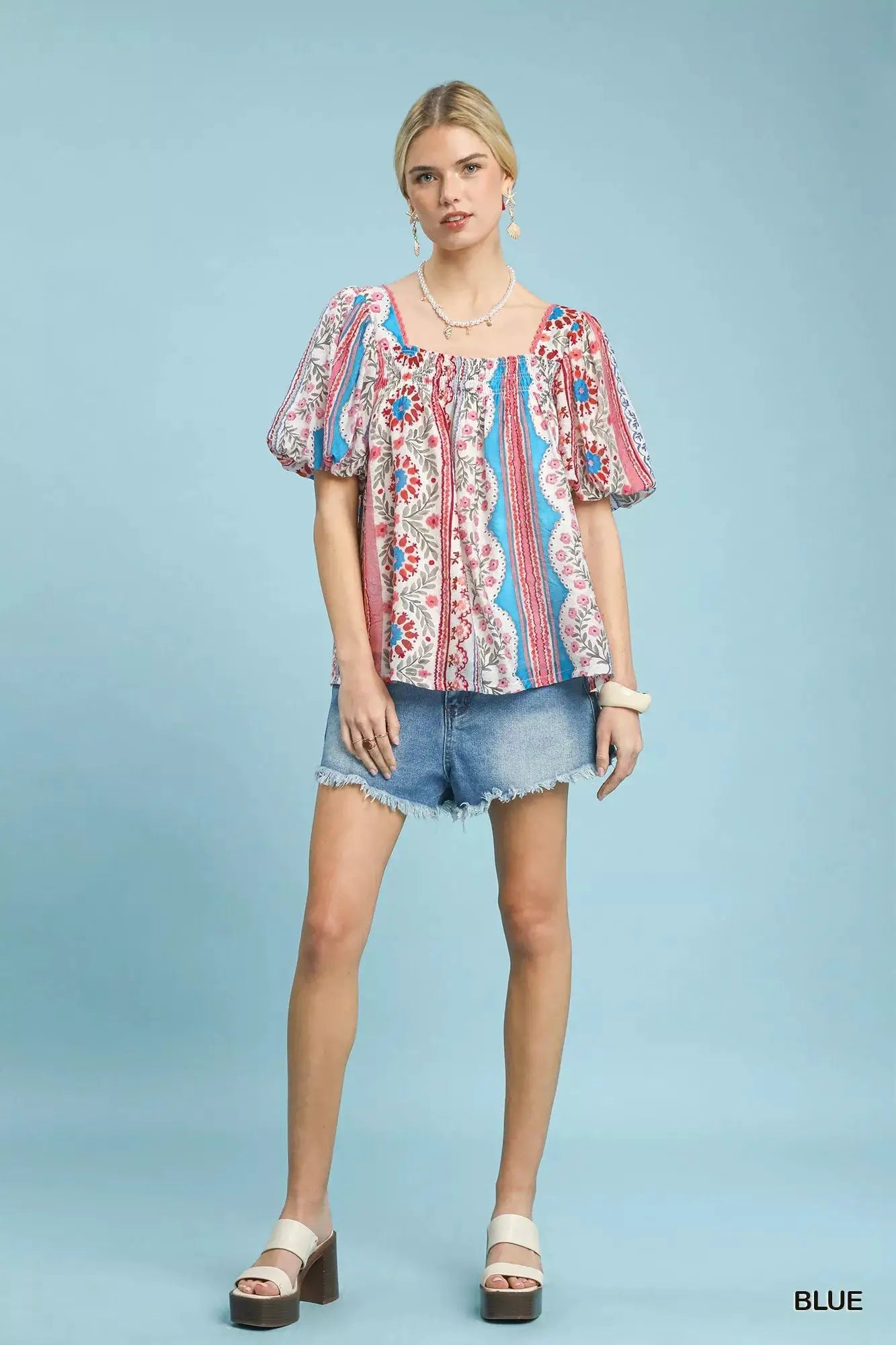 Umgee Patchwork Puff Sleeve Smocked Blouse by Trendsi