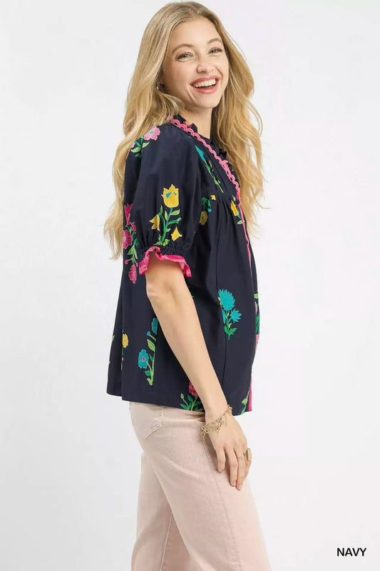 Umgee Petal Parade Print Button - Down Blouse - Bitsy Gypsy Boutique