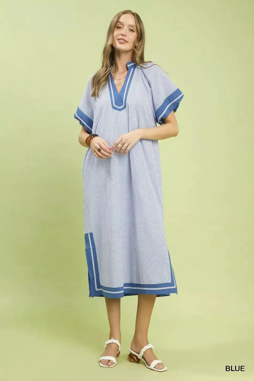 Umgee Pinstripe Contrast Trim Midi Dress by Trendsi