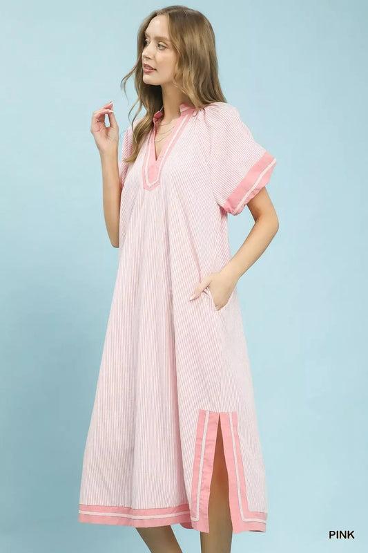 Umgee Pinstripe Contrast Trim Midi Dress - Bitsy Gypsy Boutique