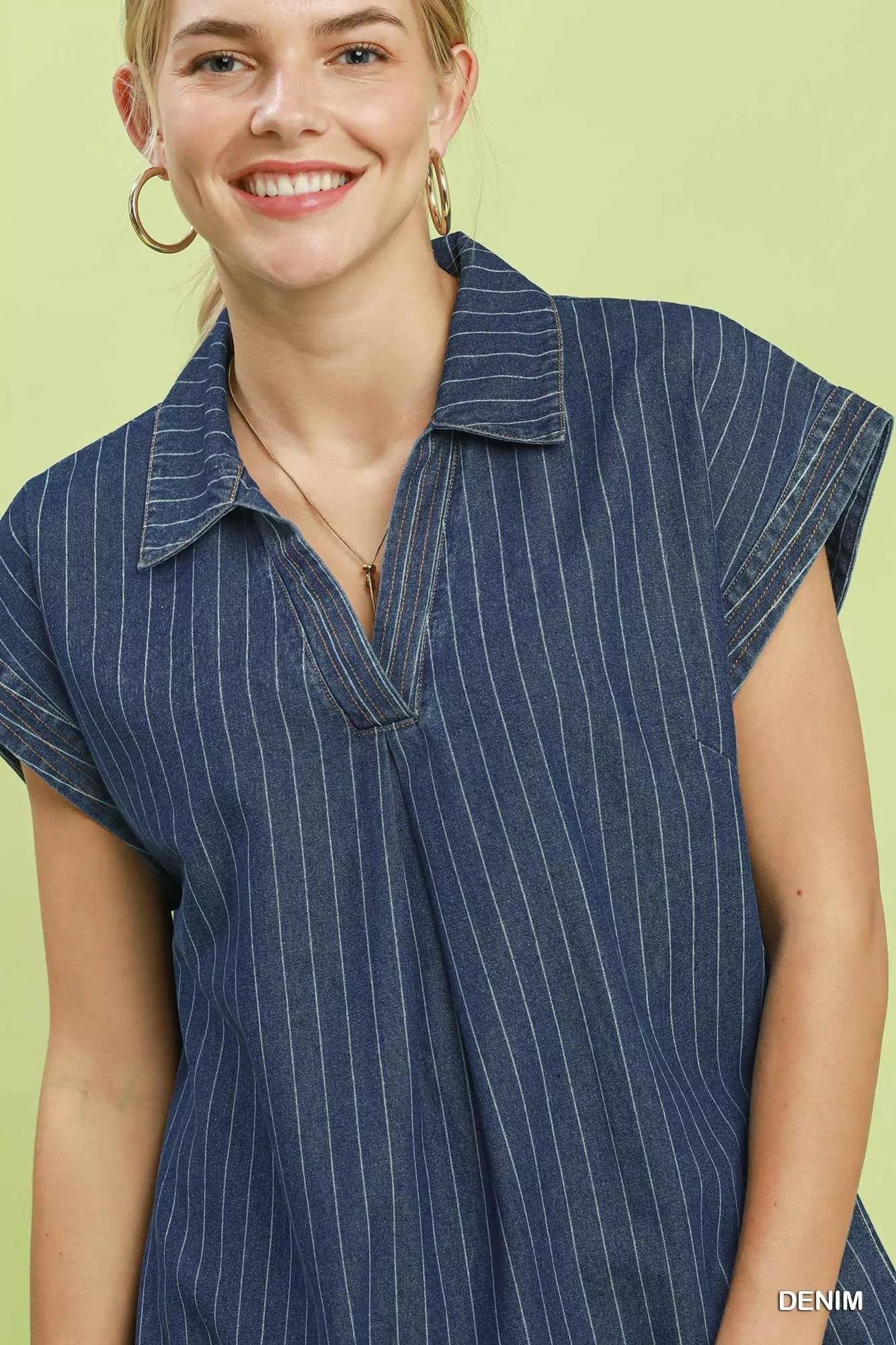 Umgee Pinstripe Denim Collared Midi Dress with Side Slits - Bitsy Gypsy Boutique