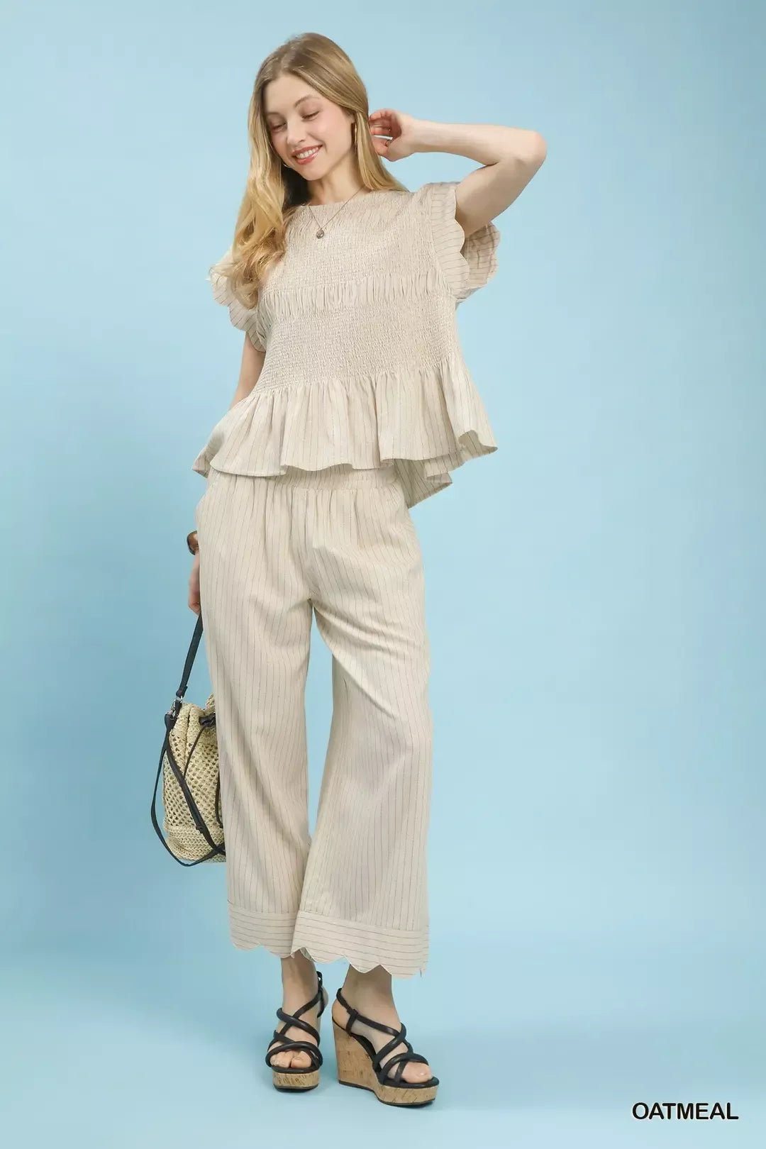 Umgee Pinstripe Smocked Peplum Top - Bitsy Gypsy Boutique