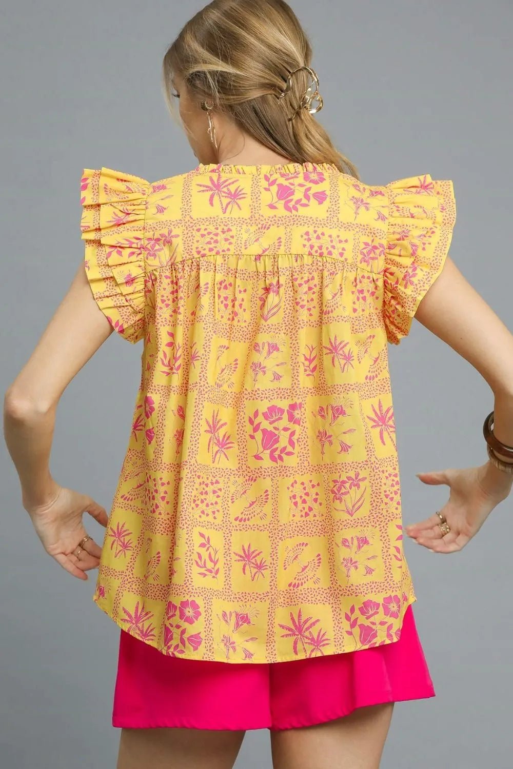 Umgee Printed Ruffle Cap Sleeve Blouse - Bitsy Gypsy Boutique