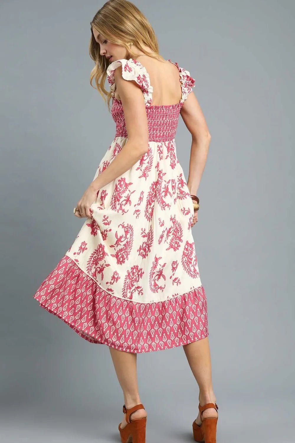 Umgee Printed Smocked Midi Dress with Ruffle Details - Bitsy Gypsy Boutique