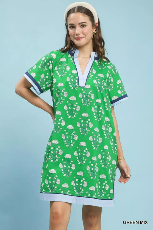 Umgee Printed Split Neck Short Sleeve Shift Dress - Bitsy Gypsy Boutique