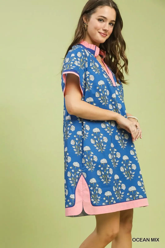 Umgee Printed Split Neck Short Sleeve Shift Dress - Bitsy Gypsy Boutique