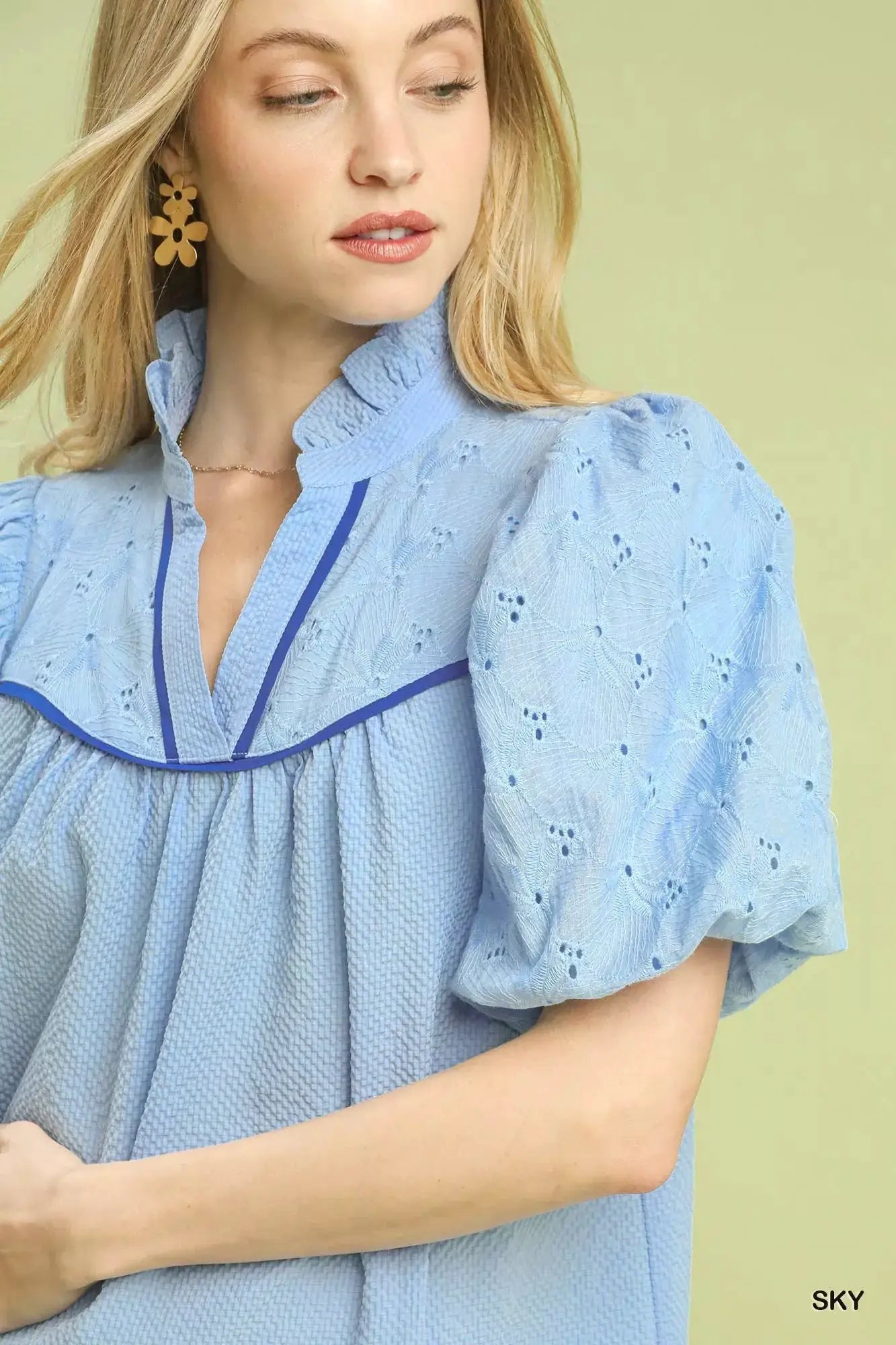 Umgee Puff Sleeve Eyelet Mix Top with Contrast Piping by Trendsi