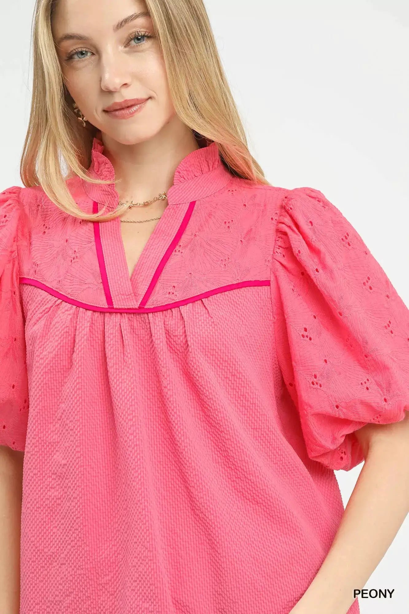 Umgee Puff Sleeve Eyelet Mix Top with Contrast Piping by Trendsi