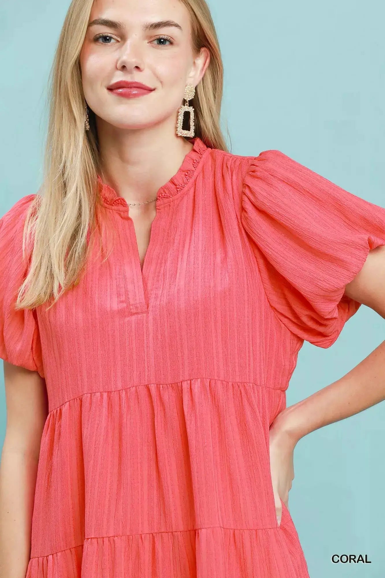 Umgee Puff Sleeve Tiered Babydoll Dress by Trendsi