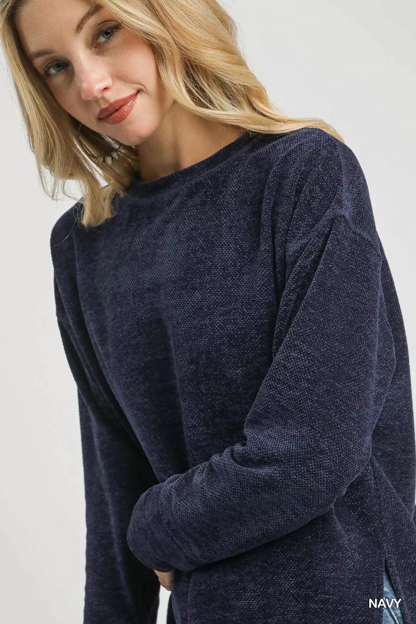 Umgee Round Neck Long Sleeve Side Slit Top - Bitsy Gypsy Boutique