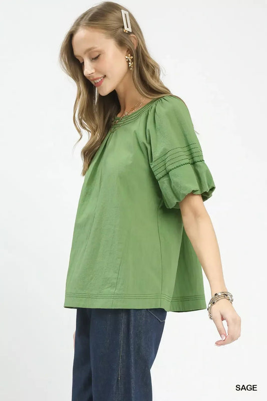 Umgee Round Neck Puff Sleeve Top with Contrast Stitch Detail - Bitsy Gypsy Boutique