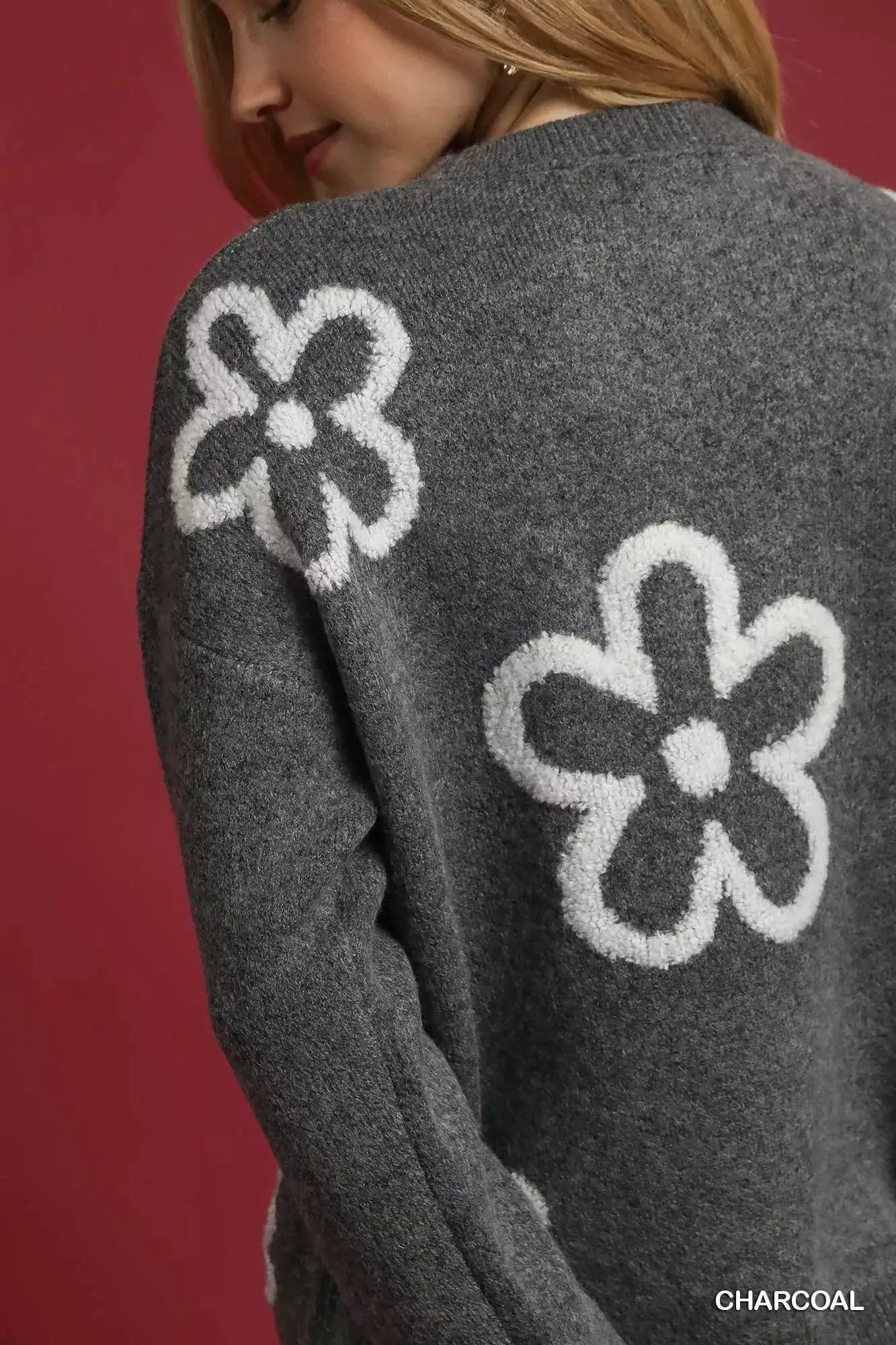 Umgee Round Neck Sweater with Floral Accents by Trendsi