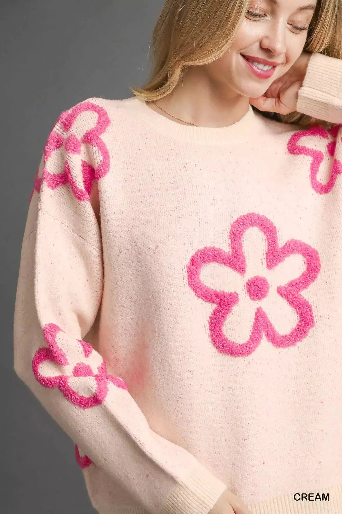 Umgee Round Neck Sweater with Pink Floral Accents by Trendsi