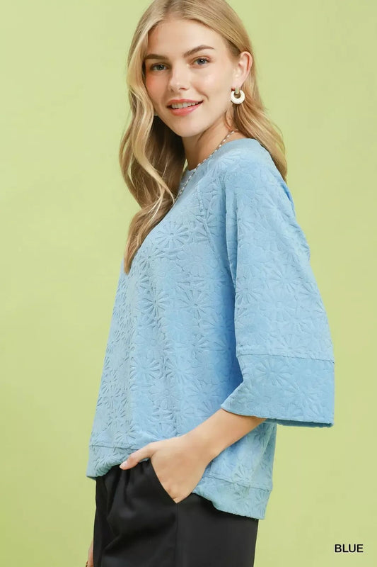 Umgee Round Neck Textured Floral Terry Blouse - Bitsy Gypsy Boutique