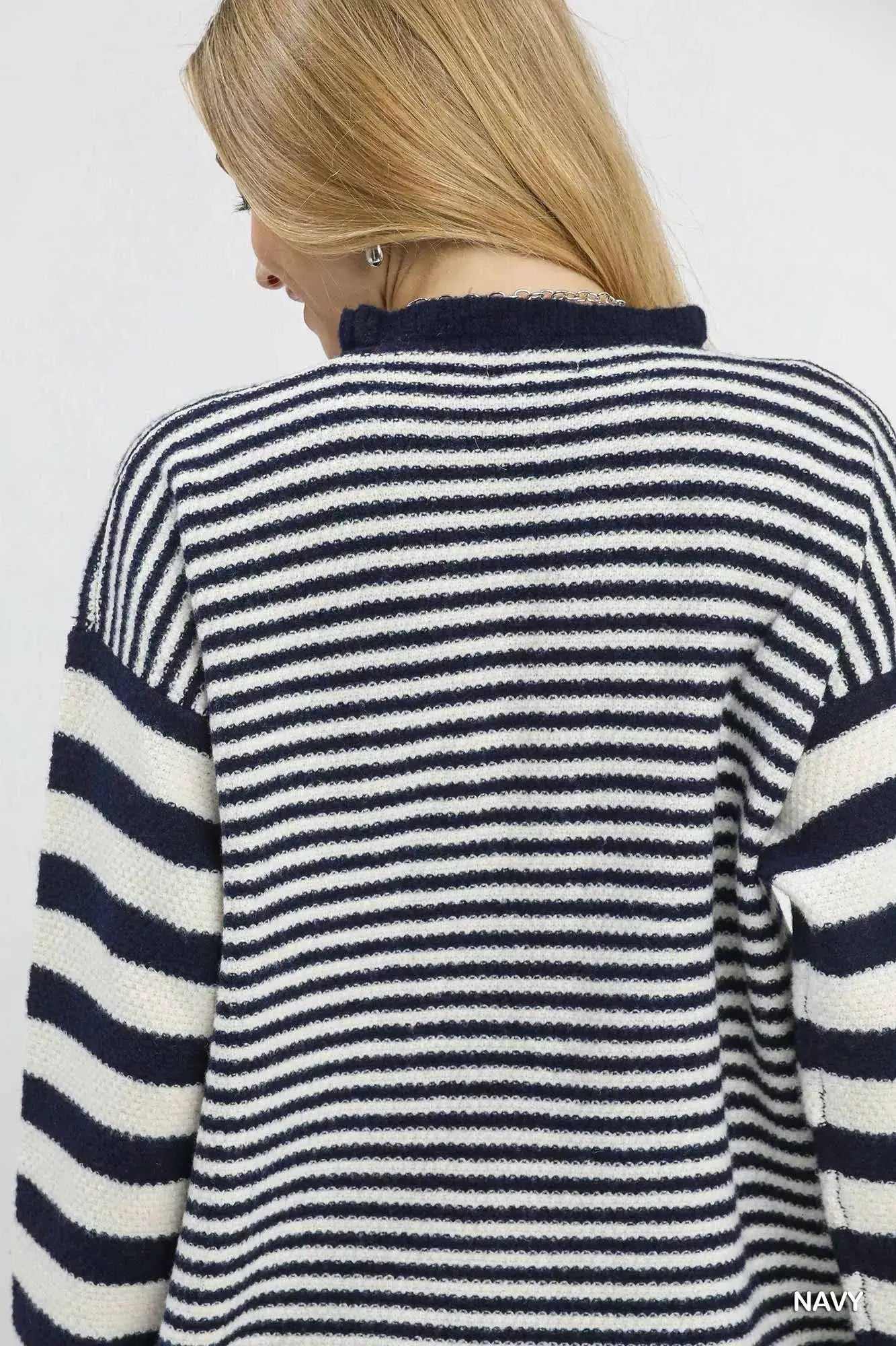 Umgee Ruffle Neck Stripe Sweater by Trendsi