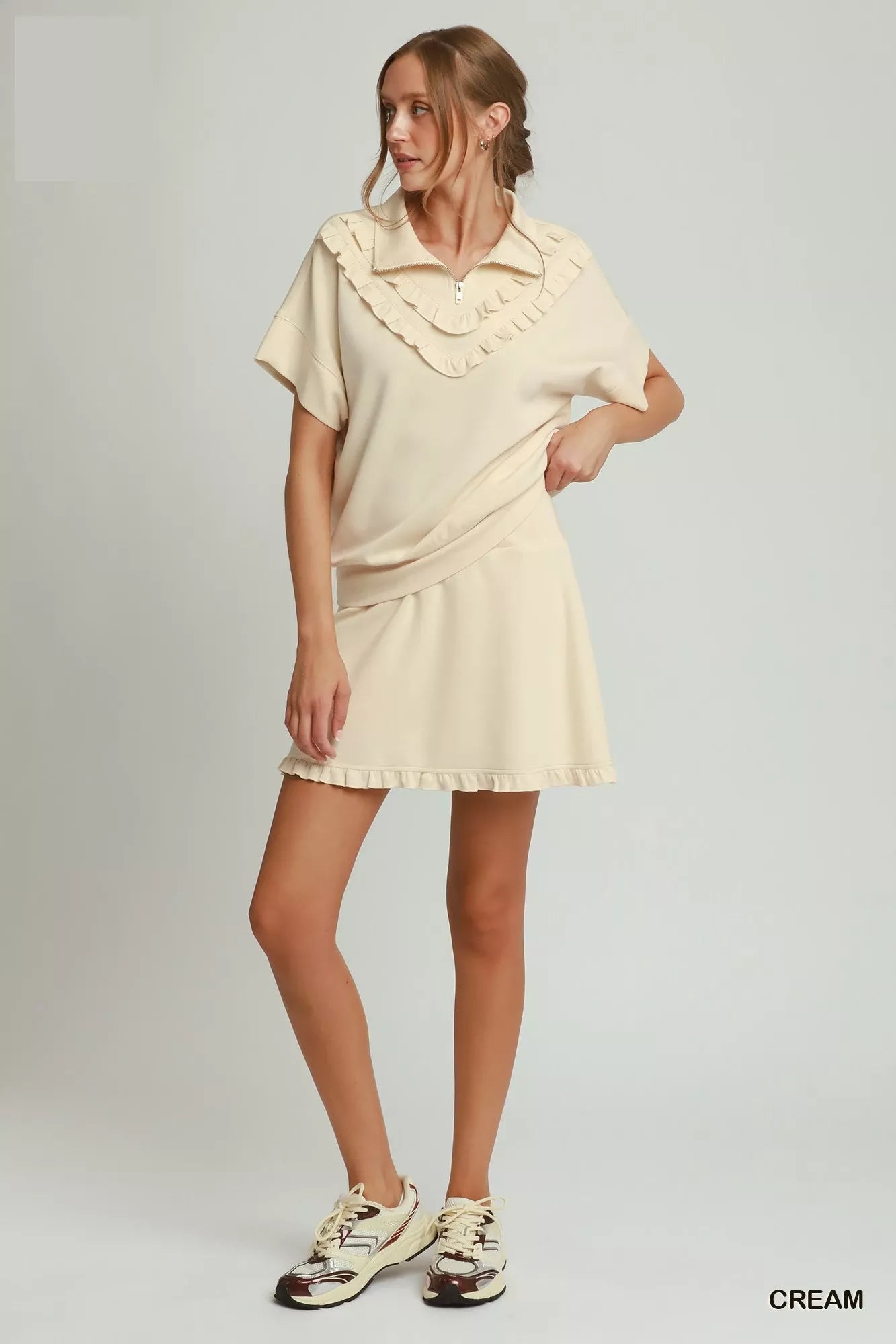 Umgee Ruffle Quarter Zip Short Sleeve Top - Bitsy Gypsy Boutique