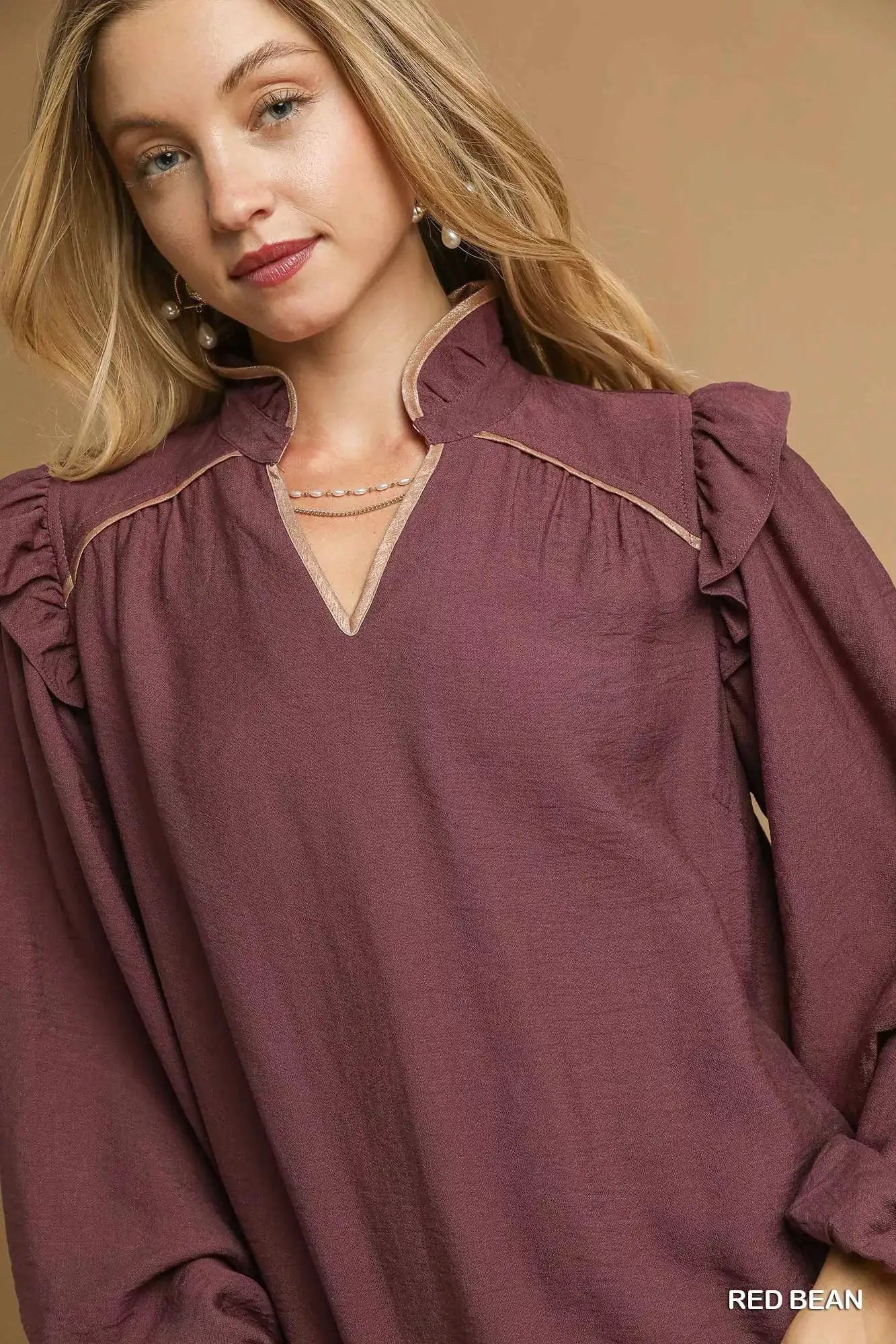 Umgee Ruffle Shoulder Long Sleeve Blouse by Trendsi