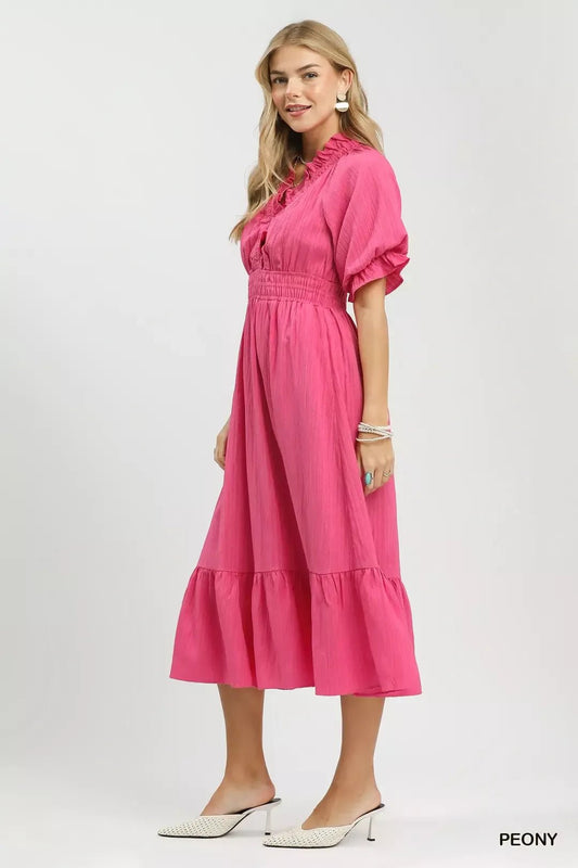 Umgee Ruffle V - Neck Midi Dress - Bitsy Gypsy Boutique