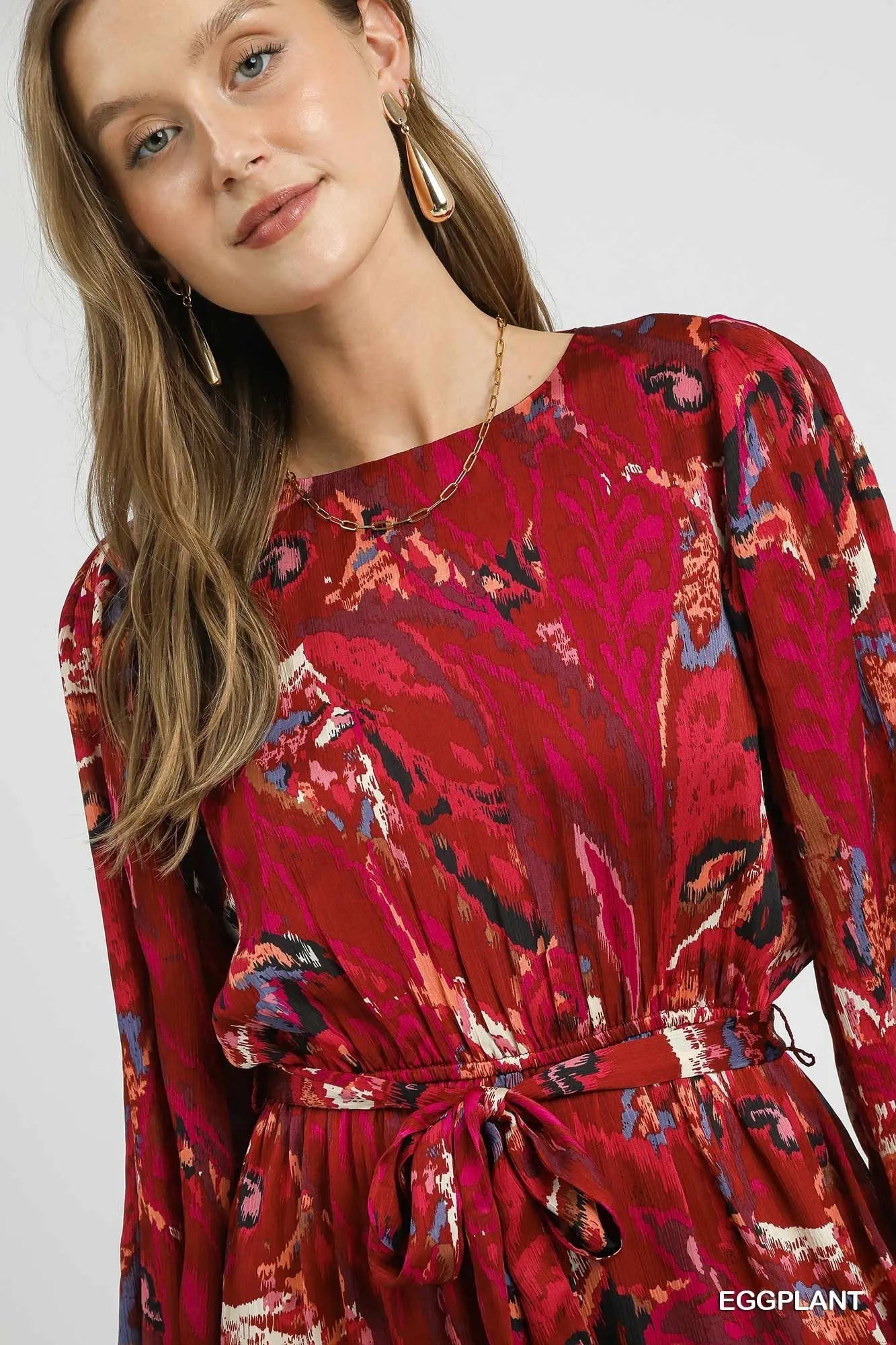 Umgee Ruffled Hem Printed Balloon Sleeve Dress - Bitsy Gypsy Boutique