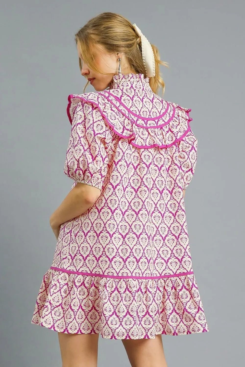 Umgee Ruffled Printed Puff Sleeve Mini Dress - Bitsy Gypsy Boutique